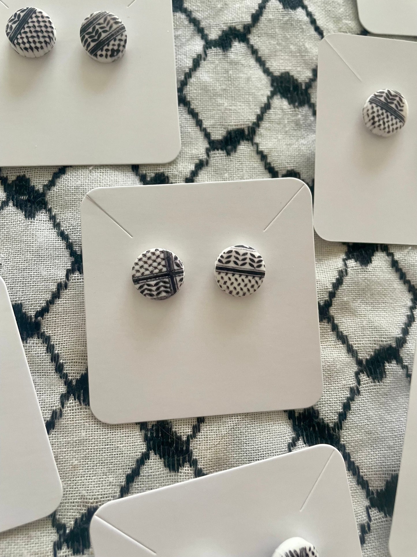 Keffiyeh earrings in aid of a Palestinian mother.