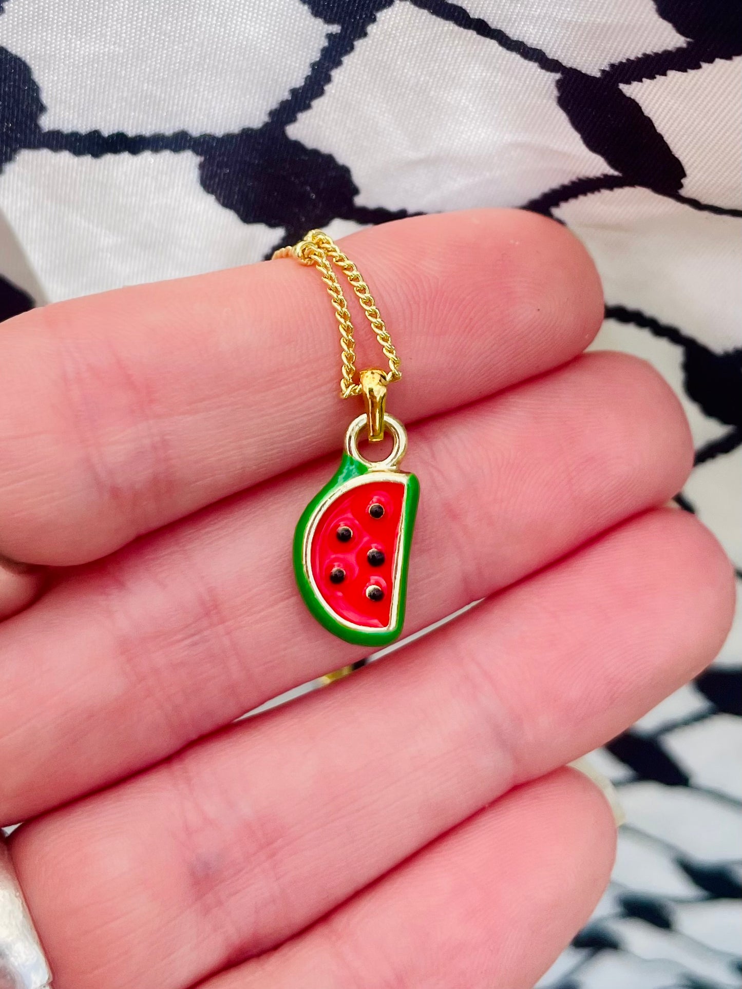 Watermelon pendant - gold plated brass sounds- in aid of a Palestinian mother.