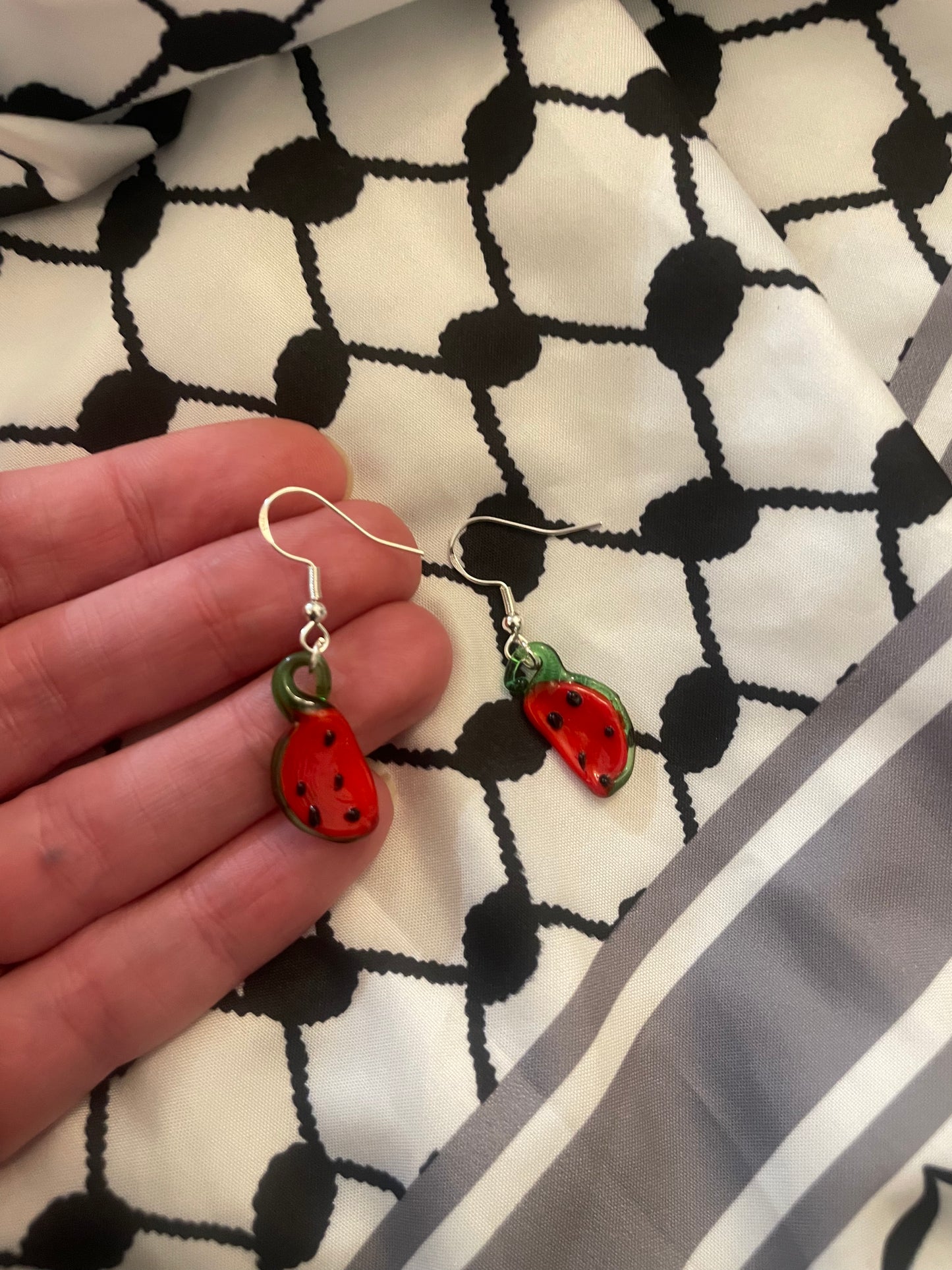 Glass watermelon earrings in aid of Palestine