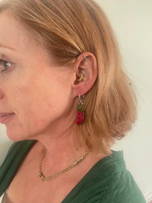 Glass watermelon earrings in aid of a mother in Palestine
