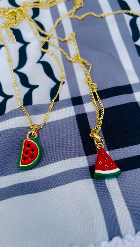 Watermelon pendant - gold plated brass sounds- in aid of a Palestinian mother.